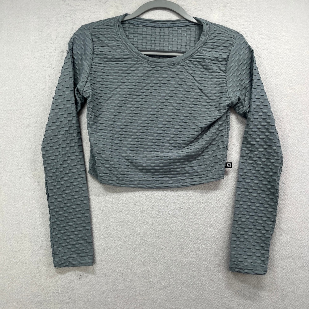Born Primitive Crop Top Women M Gray Texture Grid Long Sleeve Athletic Gym Shirt